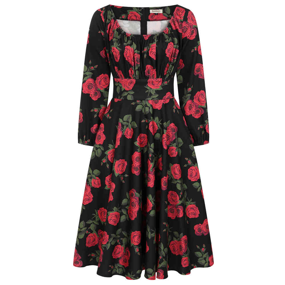 Banned - Mina Romantic Roses Swing Robe Ã©vasÃ©e - Noir